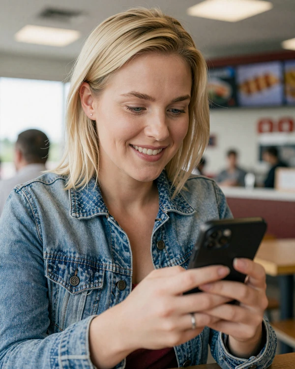 Blonde woman in a denim jacket smiling at her phone in a truck stop cafe - communication strategies for trucker relationships