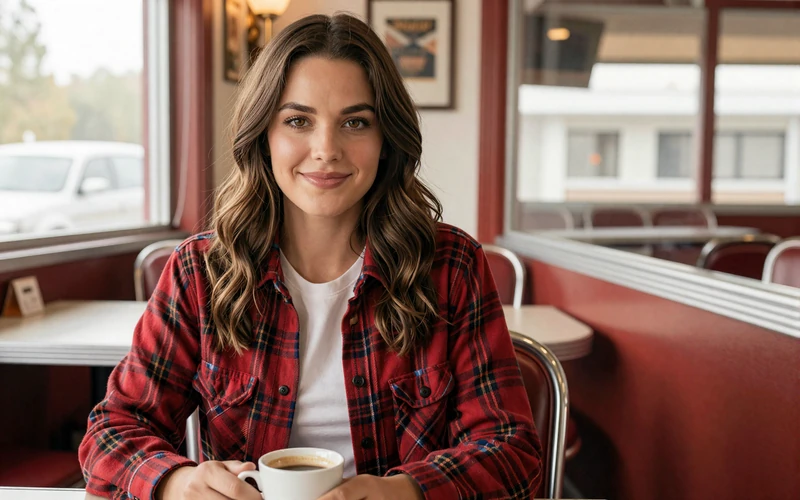 Brunette woman in a flannel shirt sitting at a Pennsylvania diner counter - trucker dating Pennsylvania