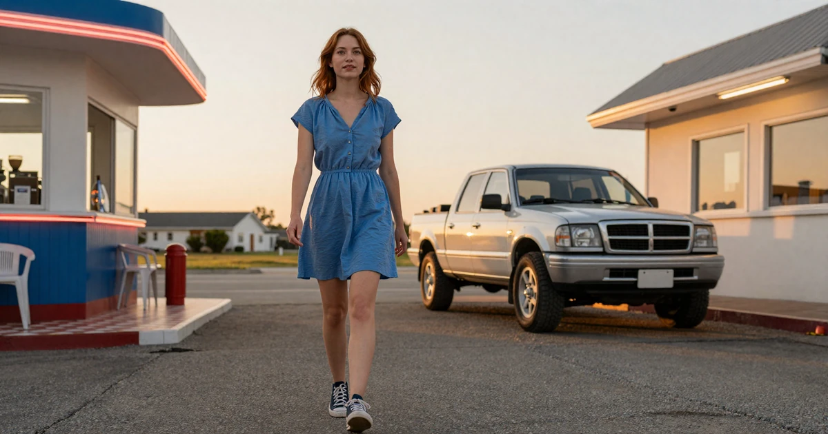 Woman walking toward a roadside diner at golden hour - safe trucker dating lifestyle