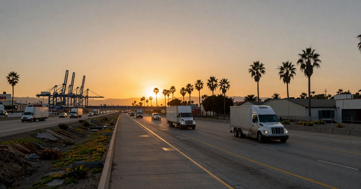 Los Angeles I-5 highway at sunset with port cranes and semi trucks - trucker dating Los Angeles