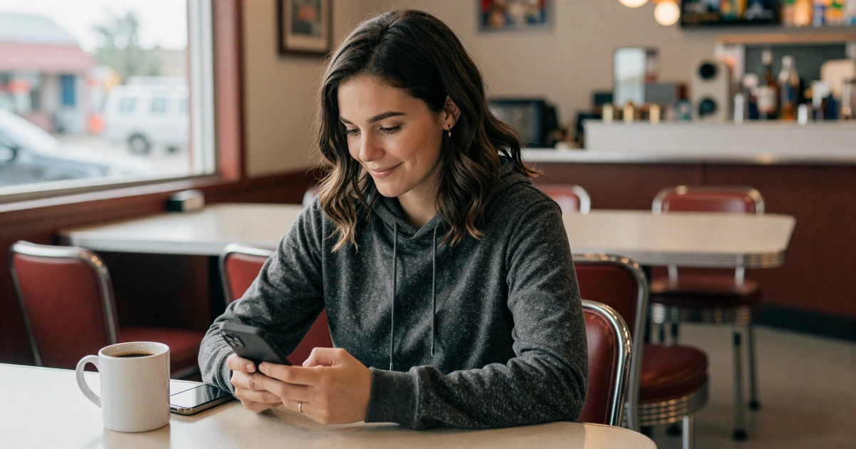Woman smiling at her phone in a roadside diner - contacting trucker dating support on MyRoadMatch