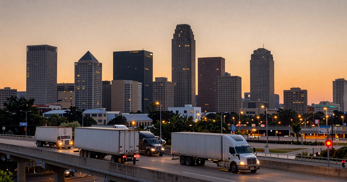 Houston skyline at dusk from the I-10 interchange with semi trucks on the elevated highway - trucker dating Houston