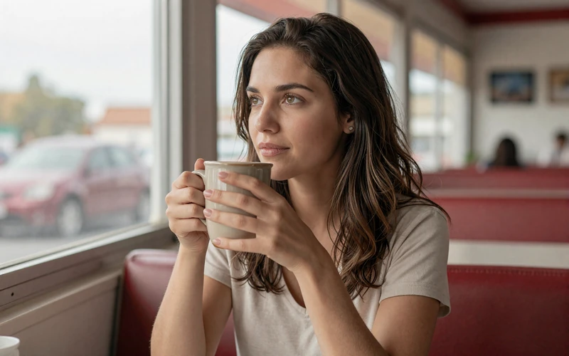 Brunette woman looking thoughtfully out a diner window with a coffee mug - challenges of being in a relationship with a truck driver