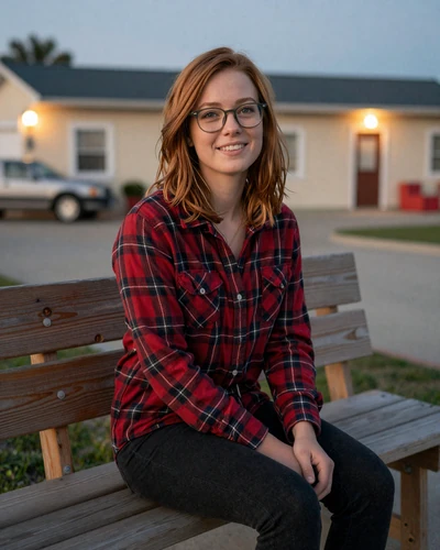 Woman in flannel sitting on a motel bench - authentic trucker dating profile photo example