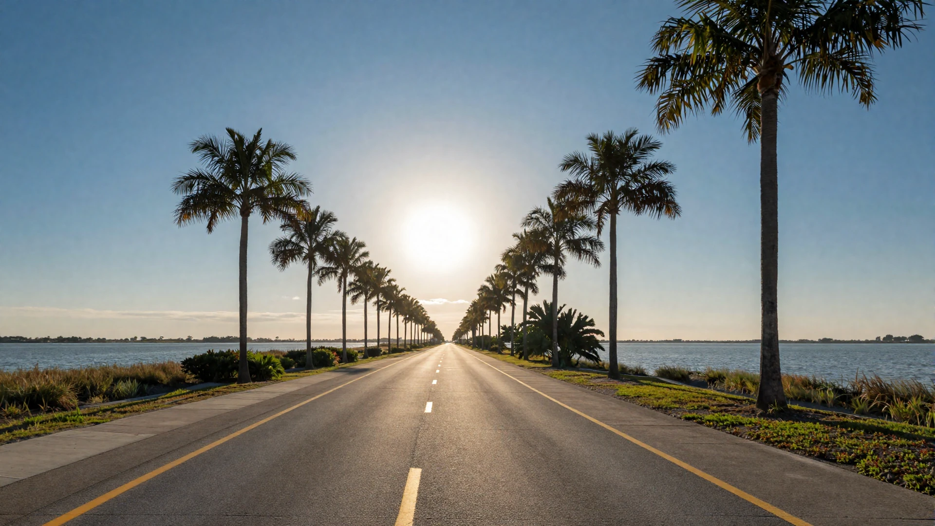 Florida causeway highway lined with palm trees under blue sky - trucker dating Florida backdrop