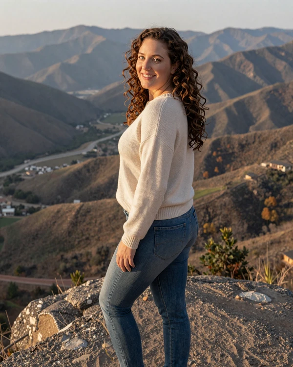 Woman in a sweater smiling at a scenic overlook - women who love the trucker lifestyle on niche dating platforms