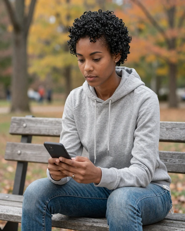 Woman checking her phone on a park bench - safety tips for women who love truckers