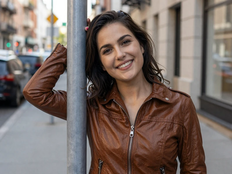 Woman in a leather jacket leaning against a city bus stop sign - meet truckers online in the city