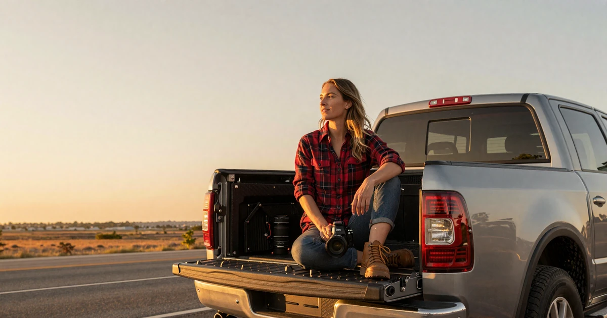 Woman in a flannel shirt sitting on a pickup truck tailgate at sunset - long haul relationship dating lifestyle