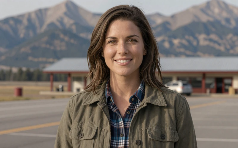 Woman in a green jacket at a Wyoming mountain rest area - trucker dating Wyoming