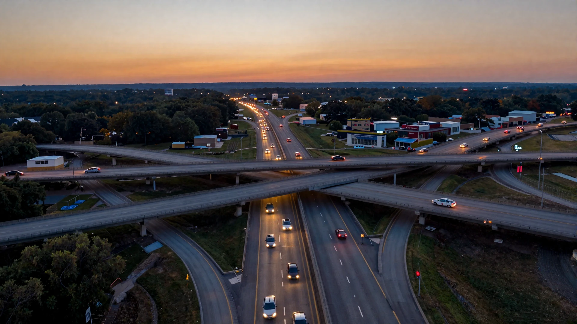 Aerial view of an American interstate highway interchange at dusk - trucker dating by state