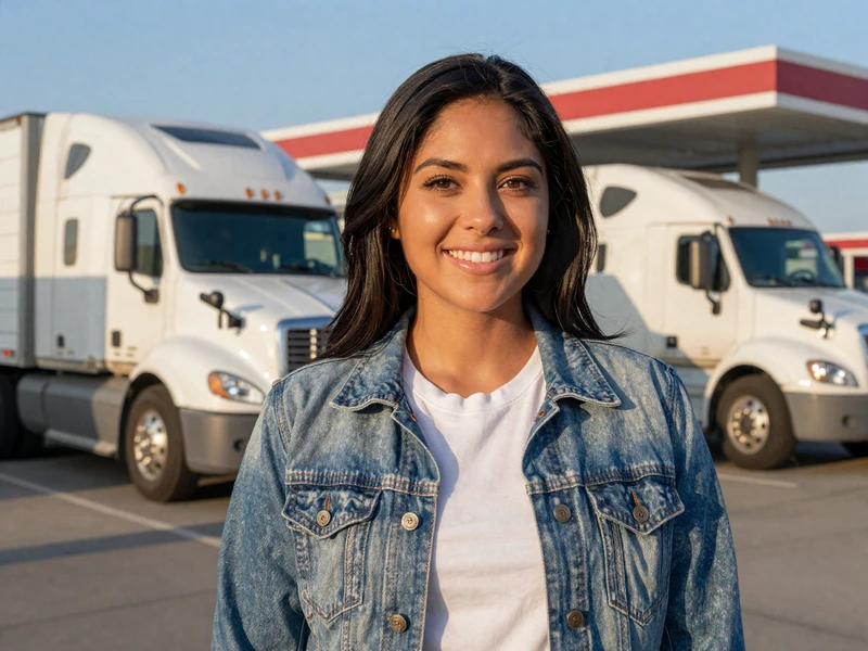 Young woman in a denim jacket at a Houston truck stop - trucker dating Houston scene