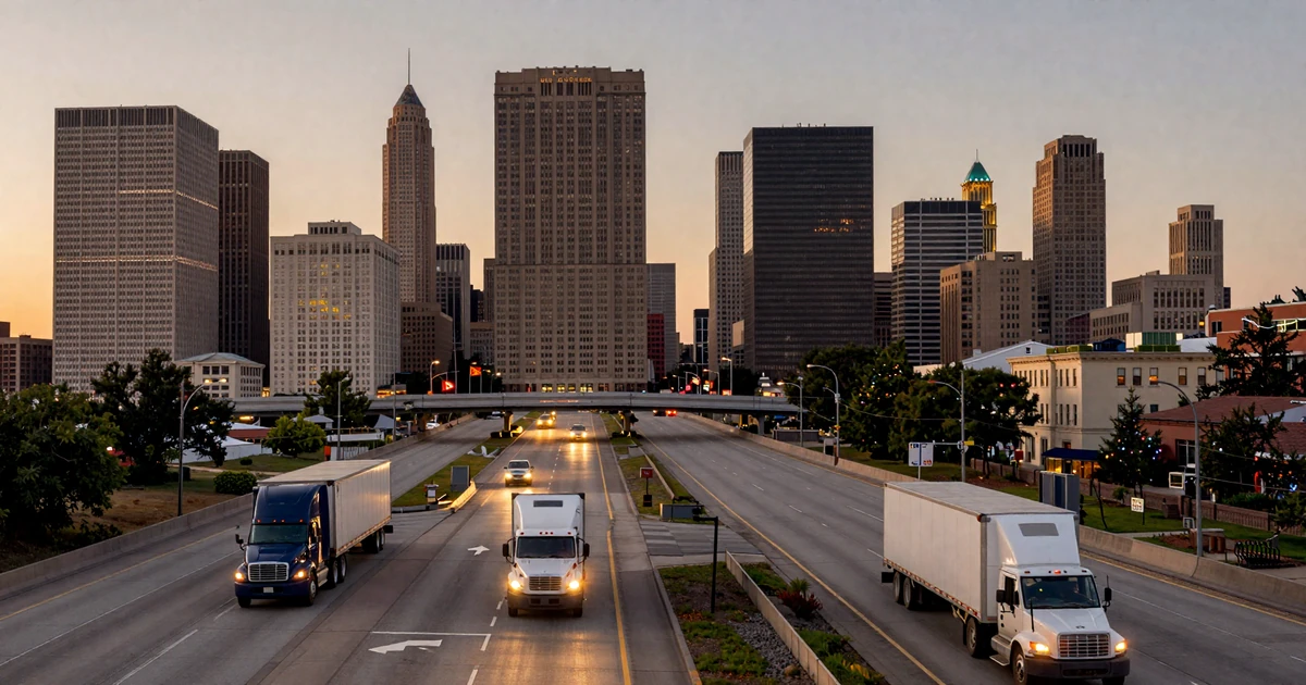American city skyline at dusk from a highway approach with semi trucks in the foreground - trucker dating by city