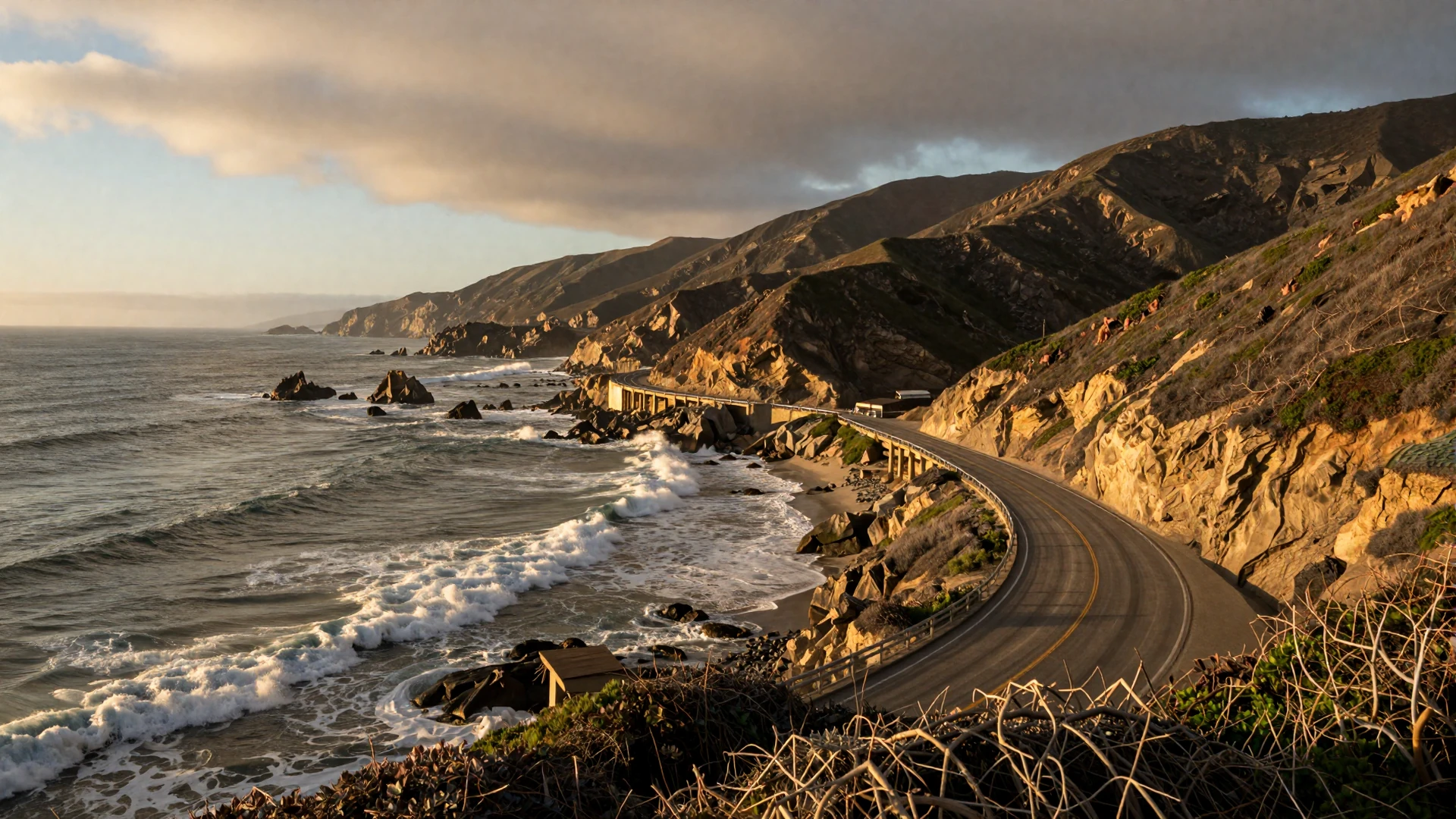 Pacific Coast Highway at sunset - California trucker dating backdrop