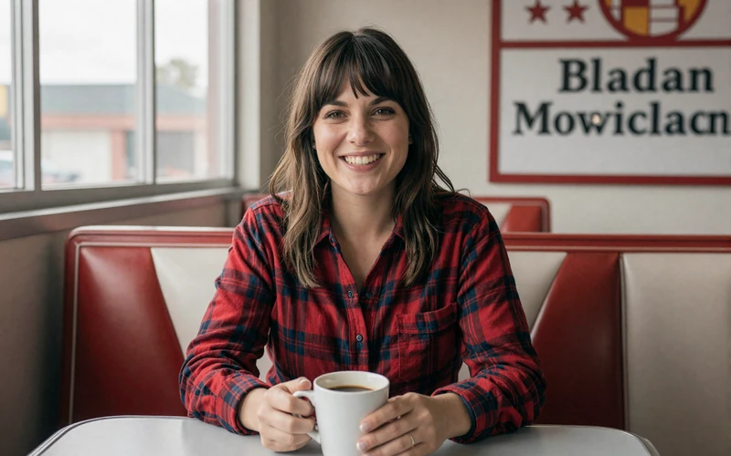Brunette woman in a flannel shirt at a Columbus Ohio diner booth - trucker dating Ohio profile