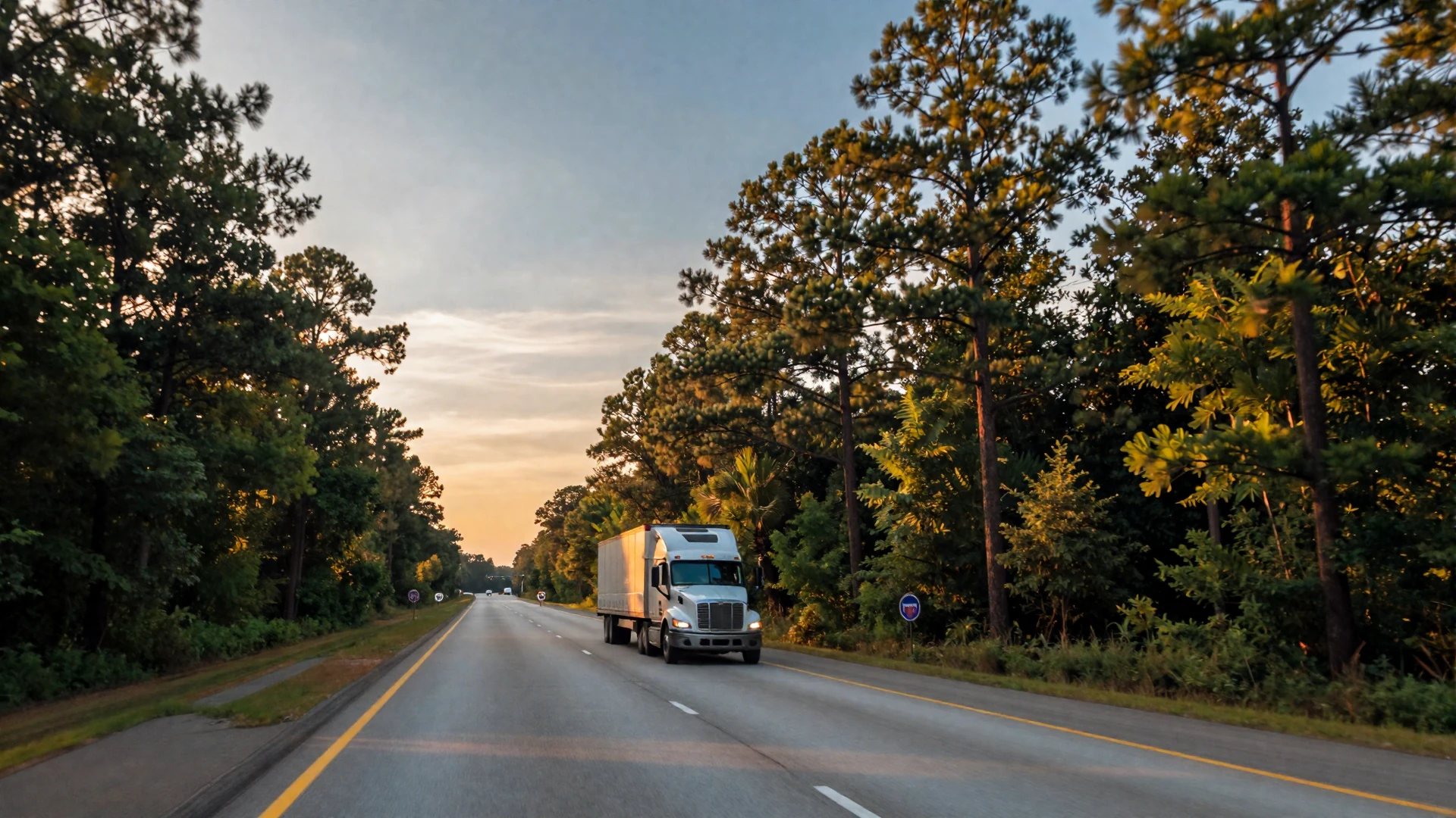 Sunset over Interstate 75 in Georgia with pine trees - Georgia trucker dating backdrop