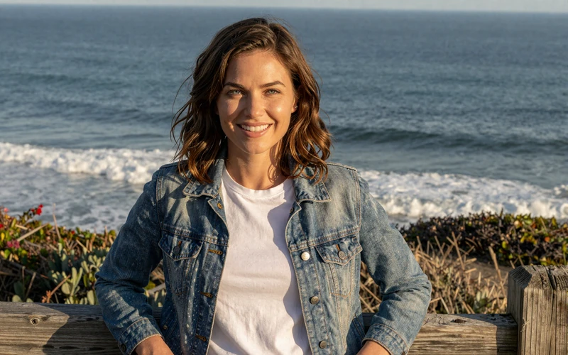 Brunette woman in a denim jacket leaning against a fence at a California coastal overlook - trucker dating California