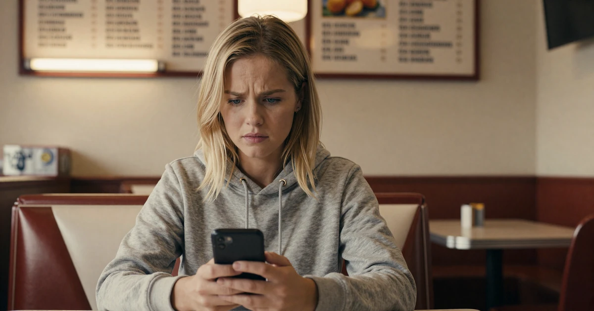 Woman in a hoodie looking frustrated at her phone in a diner booth - trucker dating app struggles