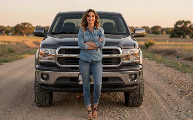 Woman in denim shirt standing confidently by a pickup truck on a rural road - trucker dating by state