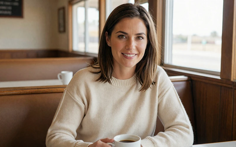 Woman in a cream sweater at a cozy Nebraska roadside diner - trucker dating Nebraska