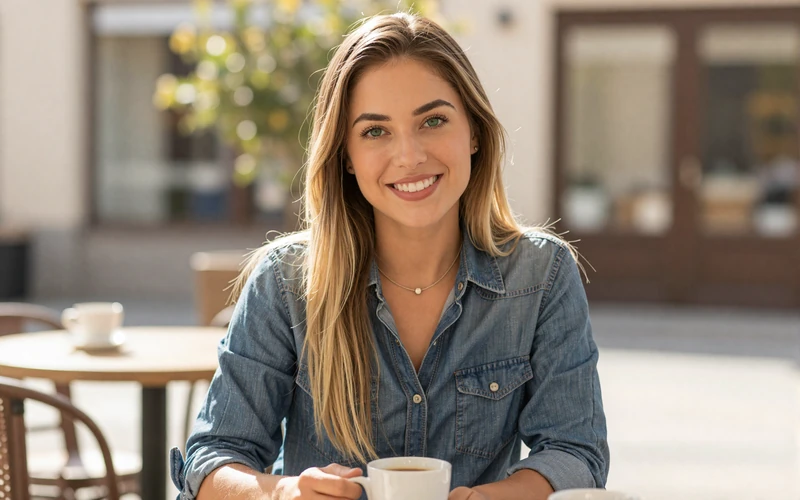 Woman smiling at an outdoor cafe - recognizing genuine CDL driver profiles on MyRoadMatch