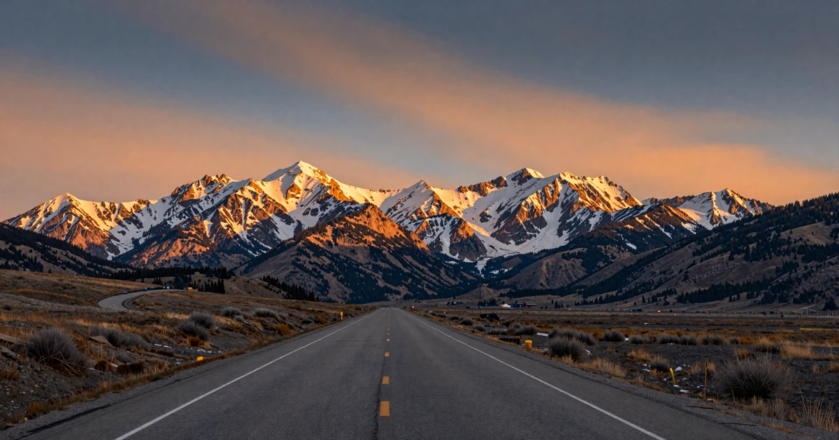 I-80 highway winding through Wyoming mountains at sunset - trucker dating Wyoming backdrop