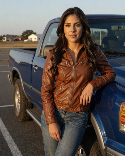 Woman in a leather jacket leaning against a pickup truck - trucker dating lifestyle profile photo