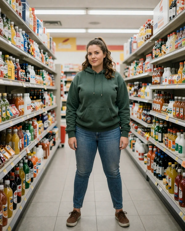 Woman standing in a brightly lit truck stop store - planning a safe first date at a public truck stop