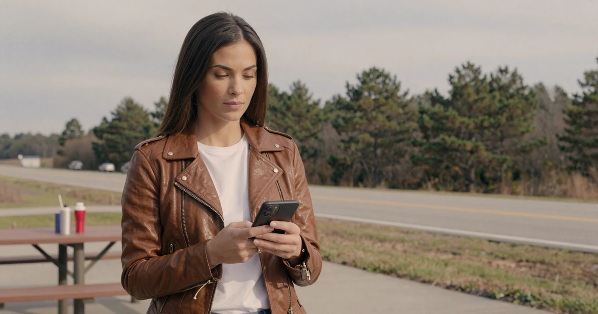 Woman in a leather jacket checking her phone at a highway rest area - trucker dating safety