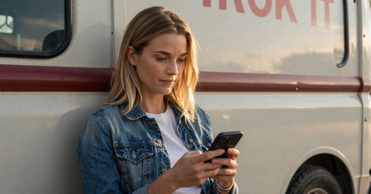 Woman in a denim jacket checking her phone at a truck stop - privacy on a trucker dating site