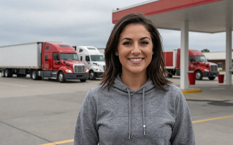 Young woman in a hoodie at an Illinois truck stop - trucker dating Illinois