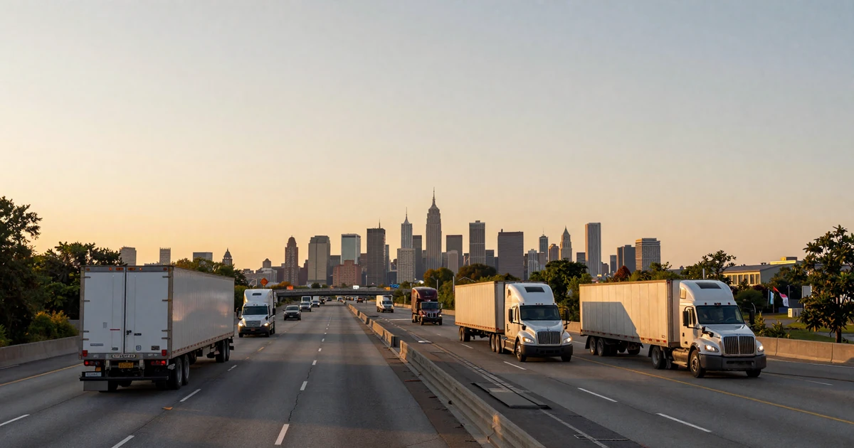 I-95 highway approaching the New York City skyline at sunset with semi trucks on the road - trucker dating New York