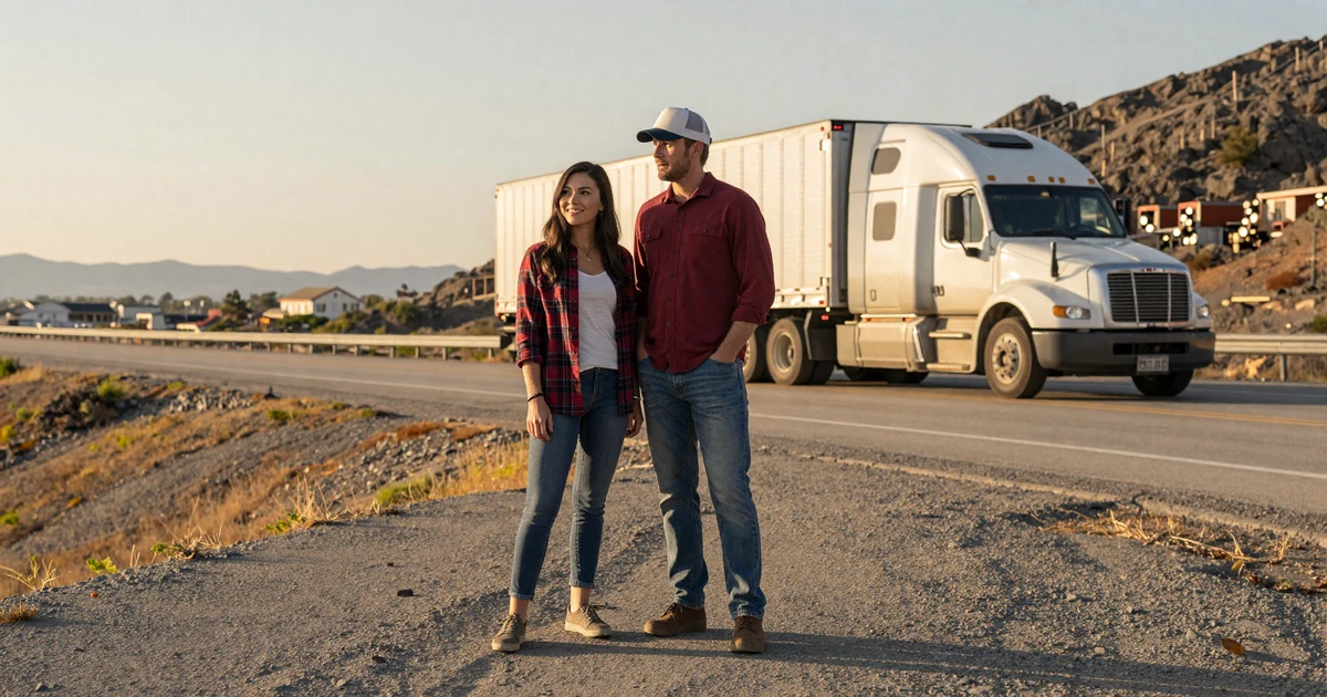 Happy couple standing together at a scenic highway overlook with a semi truck - MyRoadMatch trucker dating success story