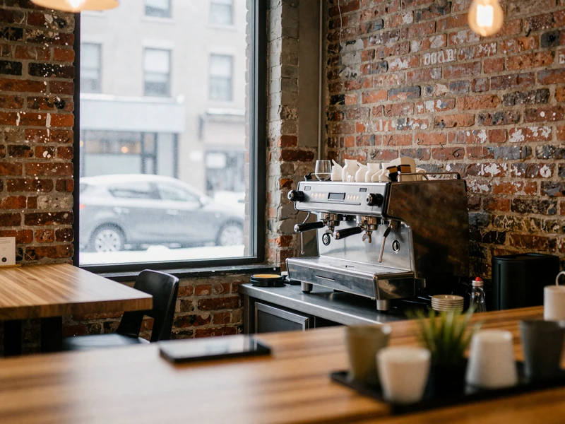 Cozy Chicago coffee shop interior on a winter morning with warm lighting - Chicago trucker dating scene