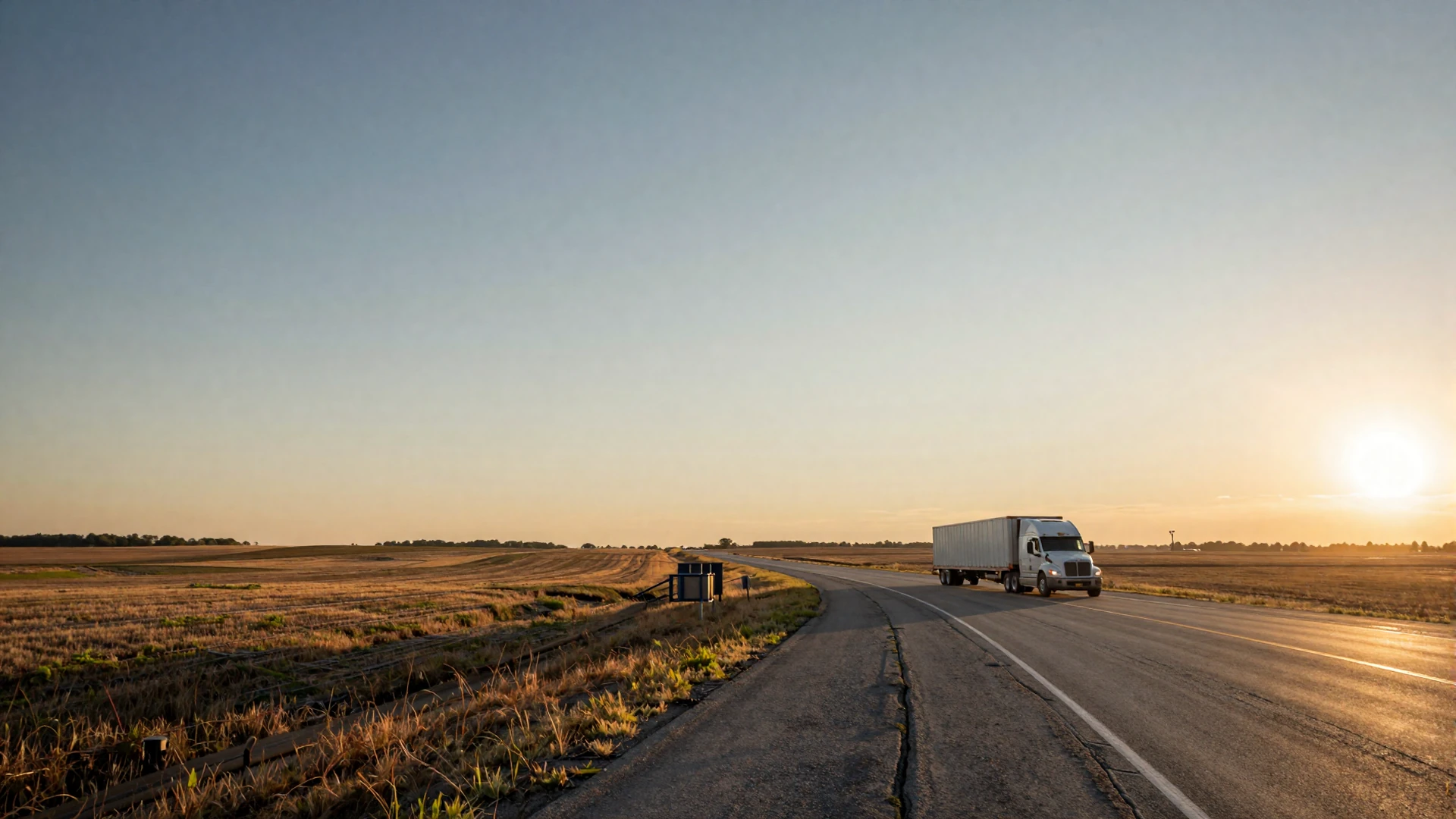 I-80 Iowa highway at golden hour with farmland stretching to the horizon - trucker dating Iowa backdrop
