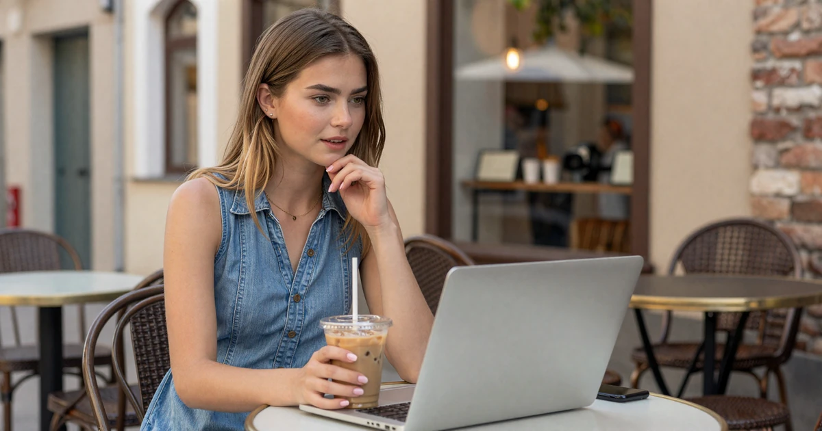 Woman relaxing at an outdoor cafe with a laptop - managing cookie settings on a trucker dating site