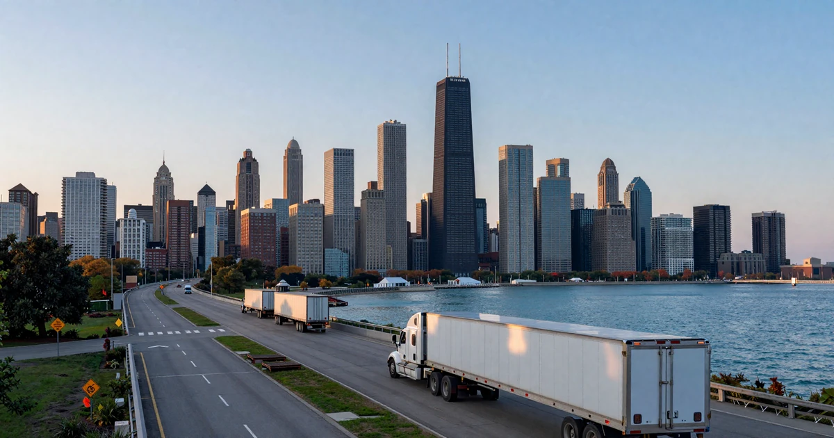 Chicago skyline at dawn from the I-90 approach with Lake Michigan in the background and semi trucks on the interstate - trucker dating Chicago
