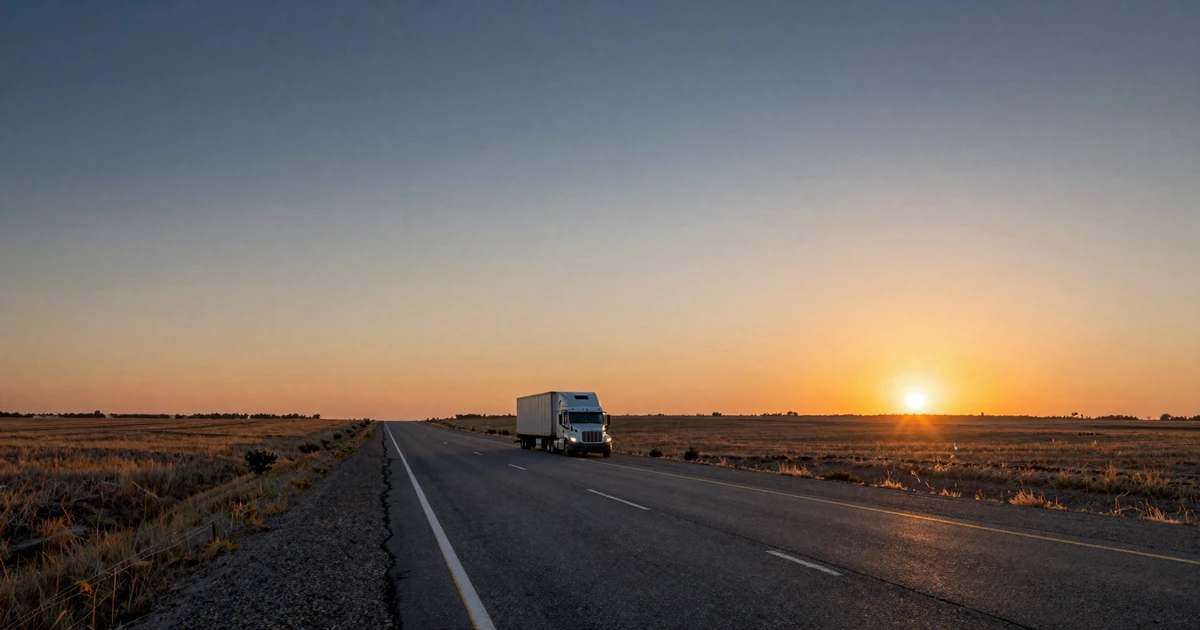 Empty American highway at sunset with a semi-truck in the distance - truck stop loneliness on the open road