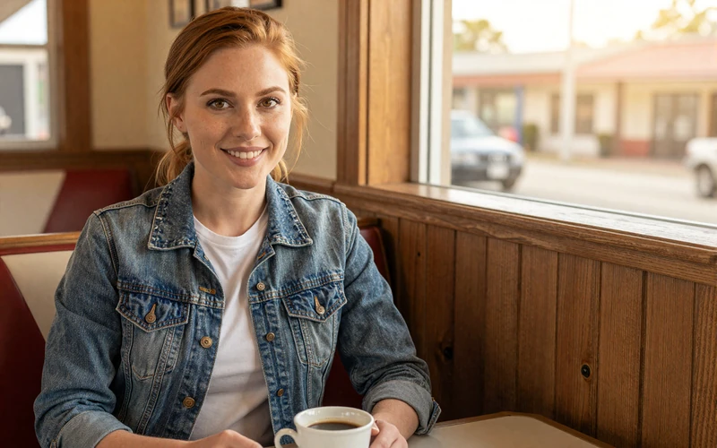 Woman with auburn hair in a denim jacket at a Georgia diner - trucker dating Georgia