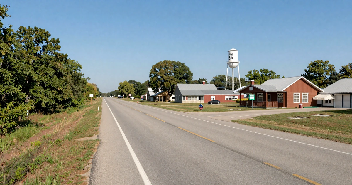 I-40 highway passing through a small Arkansas Route 66 town - trucker dating Arkansas backdrop