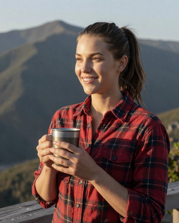 Woman in a flannel shirt holding a travel mug at a scenic overlook - trucker dating lifestyle photo