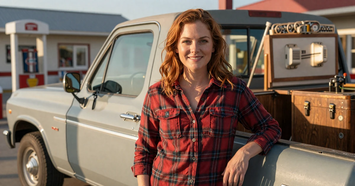 Woman in flannel shirt beside a pickup truck at a small-town gas station - trucker dating lifestyle