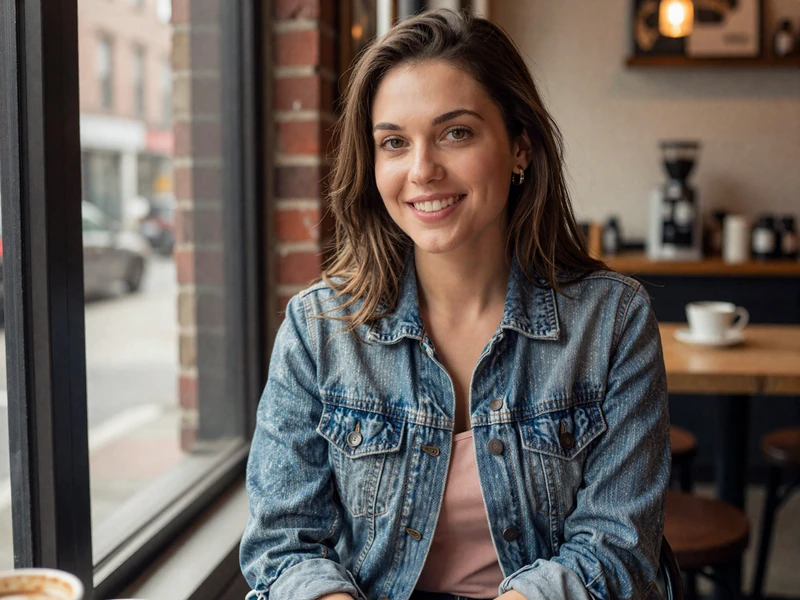 Young woman in a denim jacket smiling at a cozy New York coffee shop - trucker dating New York scene