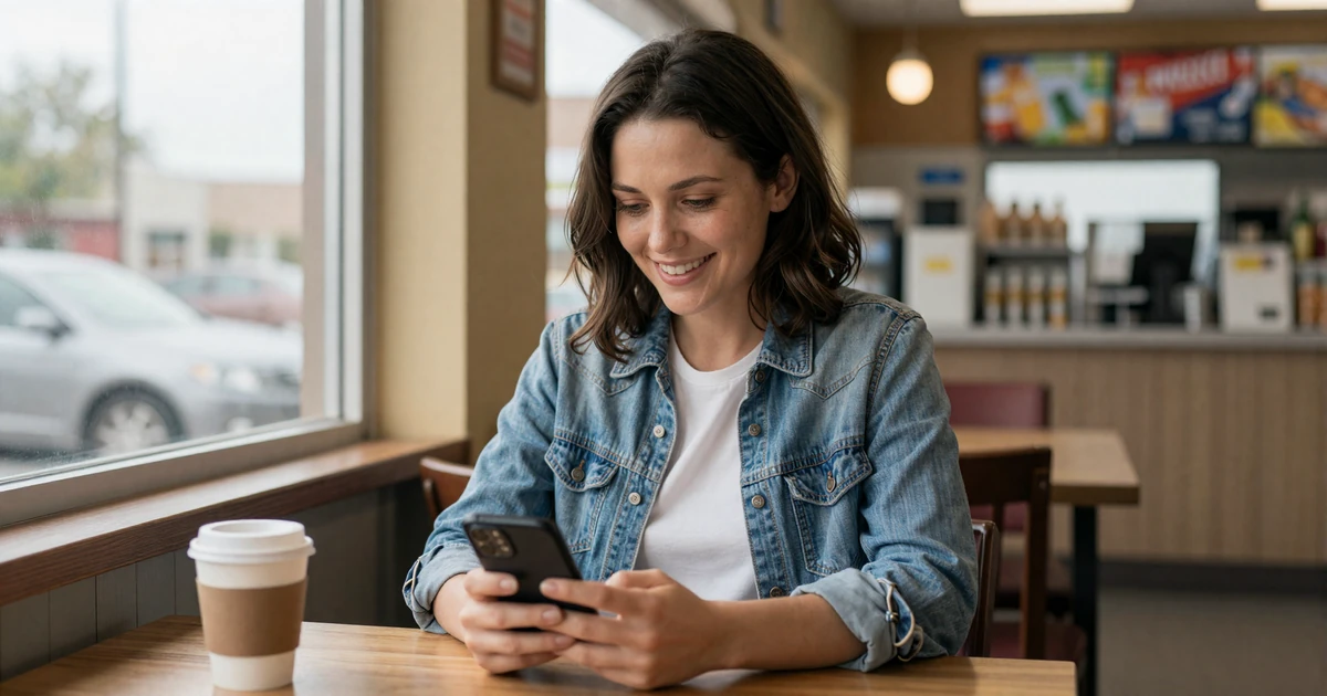 Woman in a denim jacket smiling at her phone in a truck stop cafe - best trucker dating app review