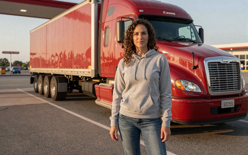 Woman in a hoodie standing next to a semi-truck at a rest area - online dating tips for truck drivers