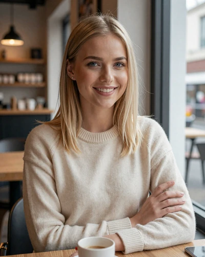 Woman smiling in a coffee shop - example of a natural trucker dating profile photo