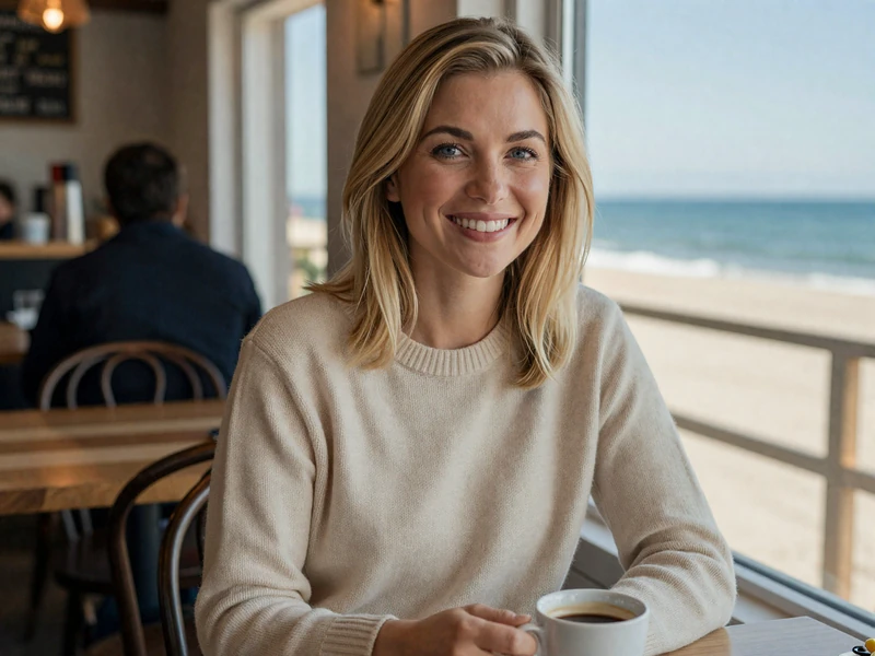 Woman enjoying coffee at a Los Angeles coastal cafe - LA trucker dating lifestyle