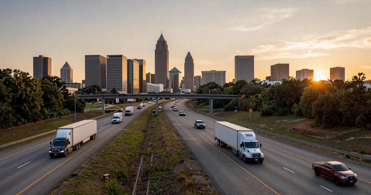 Atlanta skyline at dusk from the I-75 approach with semi trucks on the interstate - trucker dating Atlanta