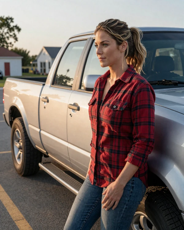 Woman in a red flannel shirt leaning against a pickup truck at a rest area - trucker dating app lifestyle photo